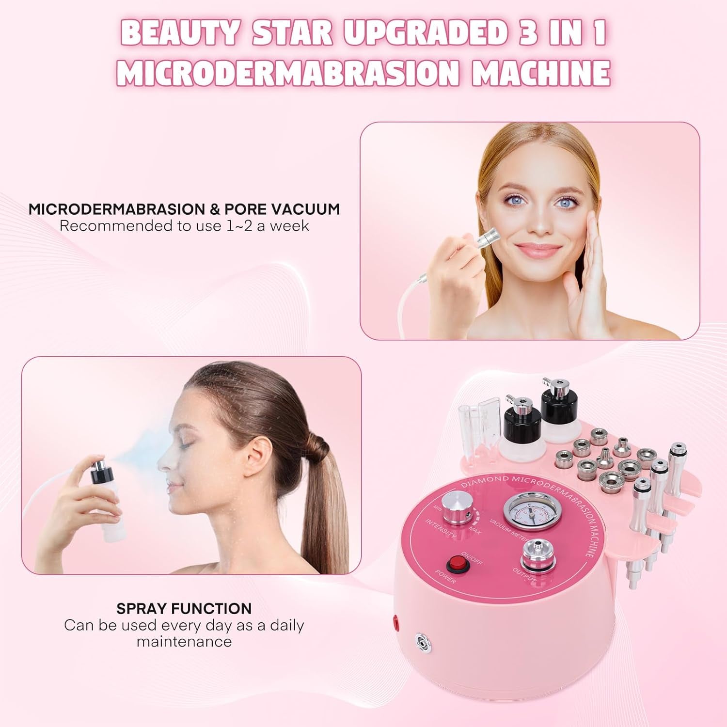 3 in 1 Diamond Microdermabrasion Machine,  0-70Cmhg Suction Dermabrasion Facial Machine, Professional Skin Care Device for Home and Salon Use, Face Pore Vacuum Glow Equipment