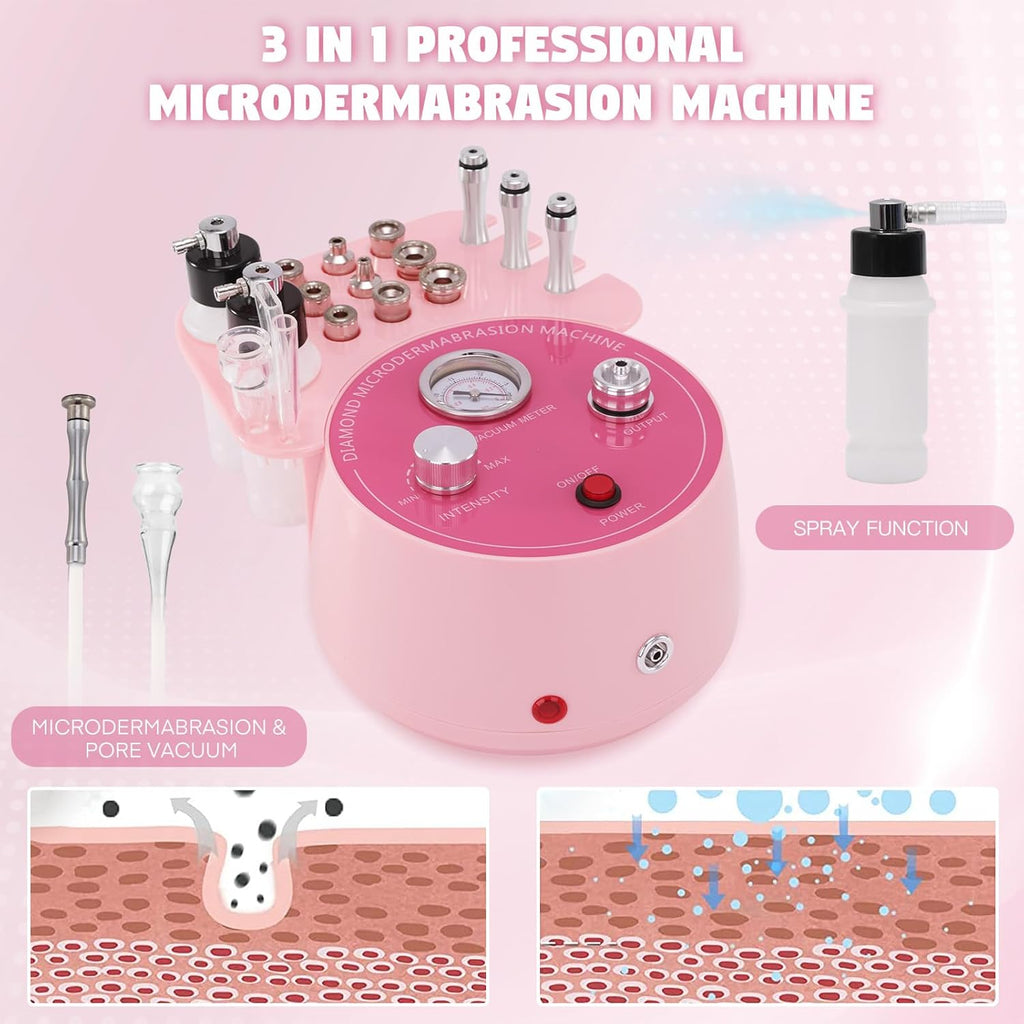 3 in 1 Diamond Microdermabrasion Machine,  0-70Cmhg Suction Dermabrasion Facial Machine, Professional Skin Care Device for Home and Salon Use, Face Pore Vacuum Glow Equipment