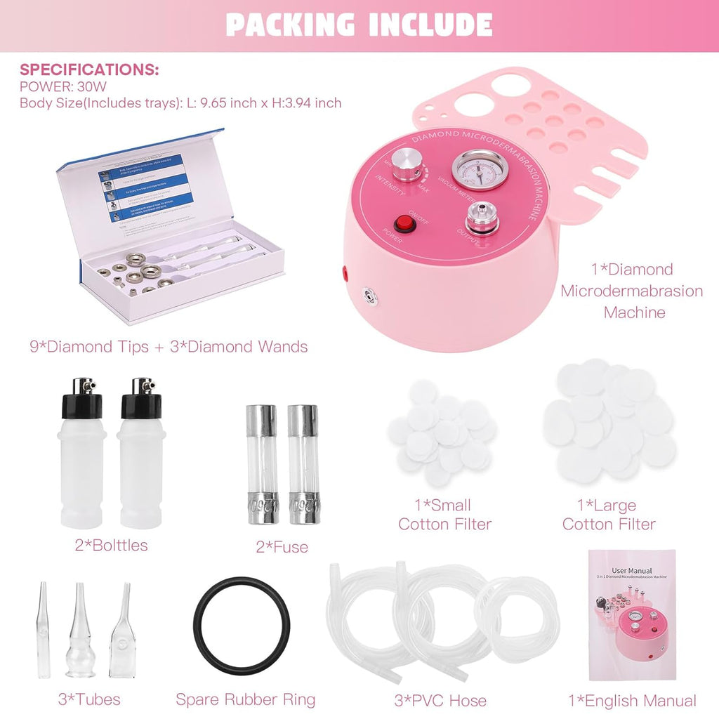 3 in 1 Diamond Microdermabrasion Machine,  0-70Cmhg Suction Dermabrasion Facial Machine, Professional Skin Care Device for Home and Salon Use, Face Pore Vacuum Glow Equipment